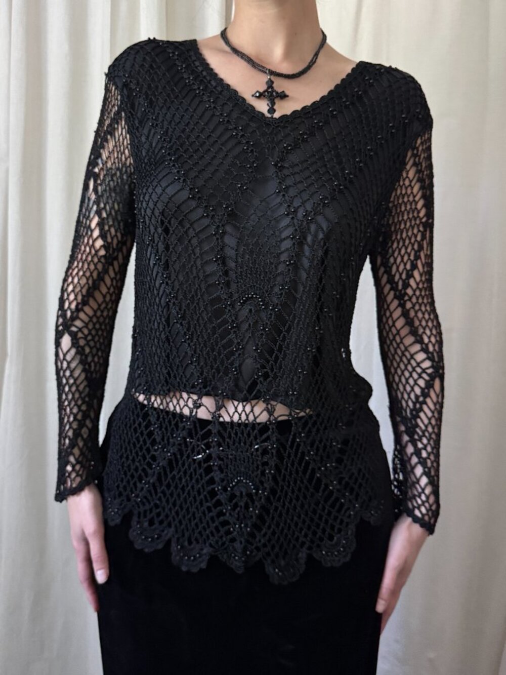 Y2K Black Crochet Mesh Top with Beaded Details Women's Size Medium | Goth Witchy